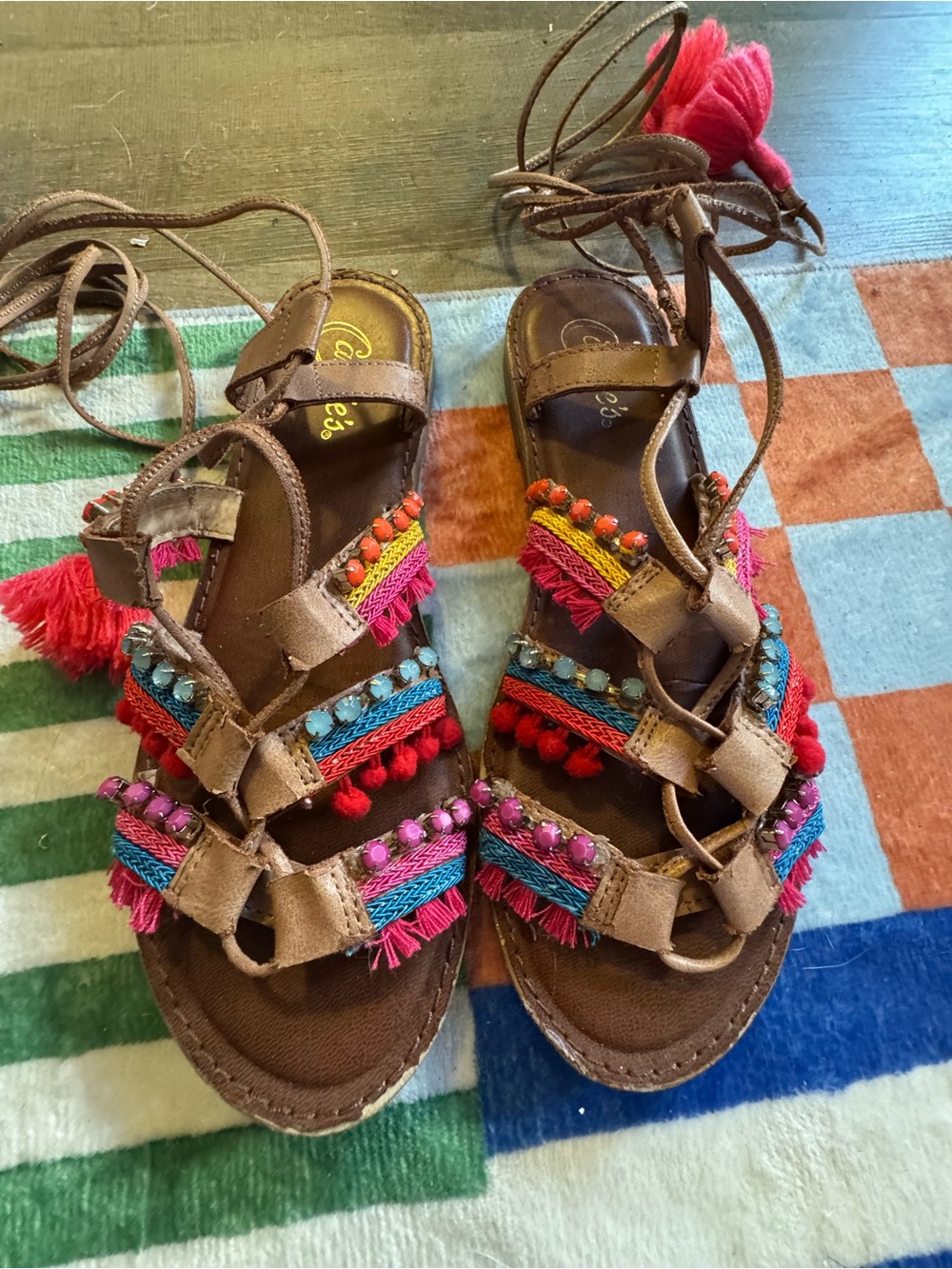 Candie's Brown Gladiator Sandals with Multicolor Pom & Fringe Accents
